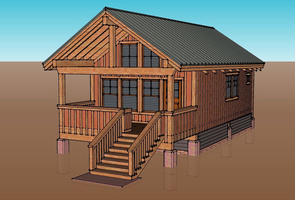 A brown and grey drawing of a typical bungalow unit, built entirely in wood, on the property of Moab Springs Ranch in Moab, Utah.
