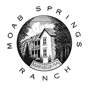 A small square black and white logo for Moab Springs Ranch, written in black lettering, with a round inset drawing of a hotel surrounded by trees.